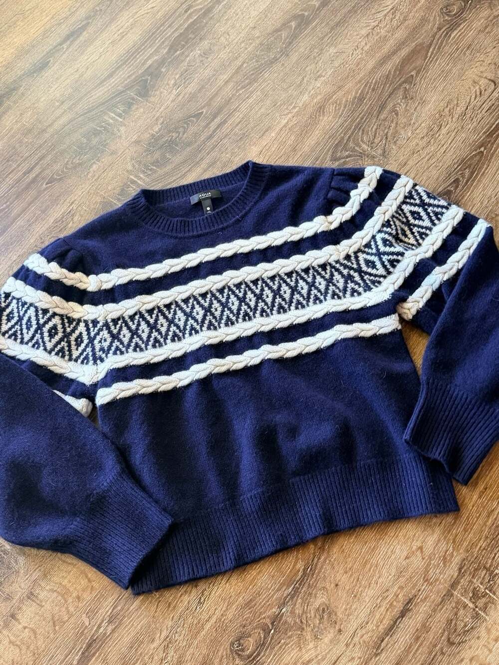 Aqua Cashmere Fair Isle Cable Knit Crewneck Sweater Size L